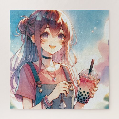 Cute Anime Girl Holding a Boba Tea Jigsaw Puzzle