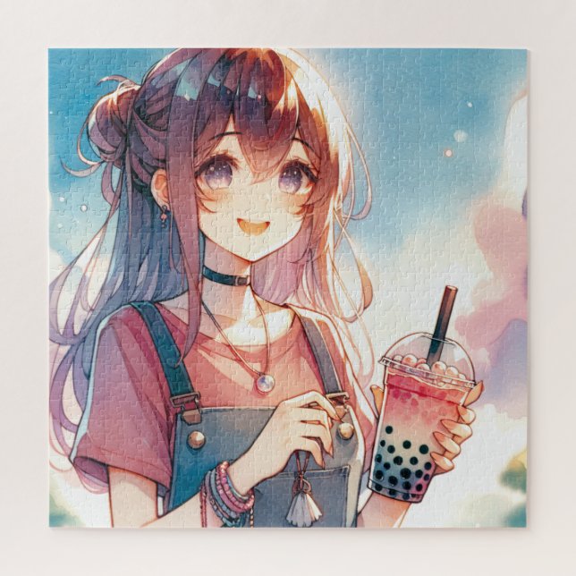 Cute Anime Girl Holding a Boba Tea Jigsaw Puzzle (Vertical)