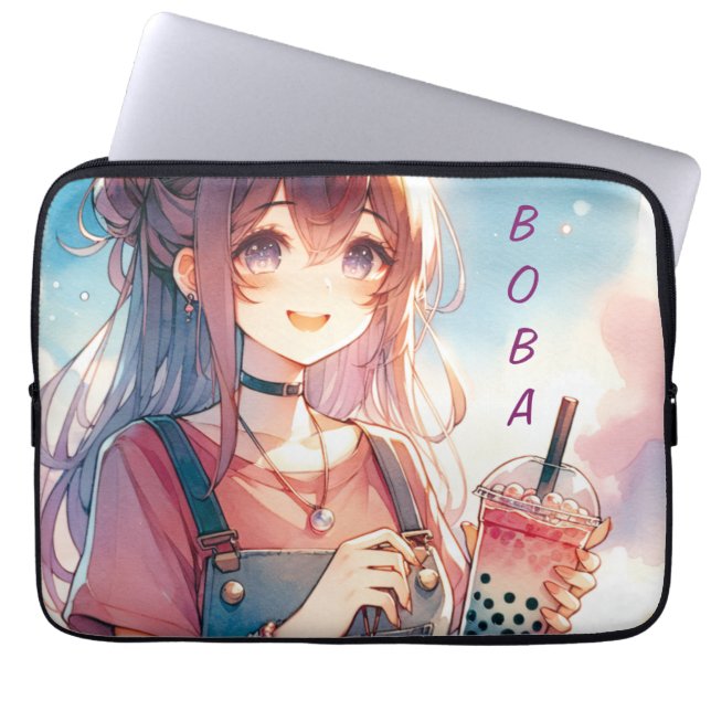 Cute Anime Girl Holding a Boba Tea Laptop Sleeve (Front)