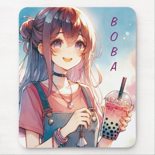 Cute Anime Girl Holding a Boba Tea Mouse Pad