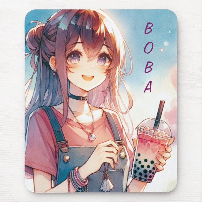 Cute Anime Girl Holding a Boba Tea Mouse Pad (Front)