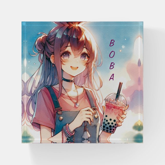 Cute Anime Girl Holding a Boba Tea Paperweight (Front)