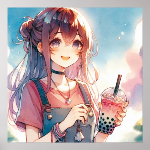 Cute Anime Girl Holding a Boba Tea Poster