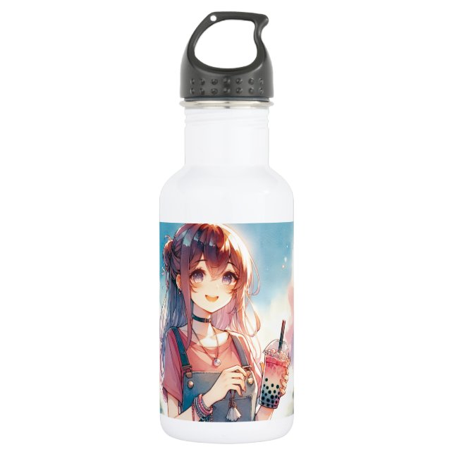 Cute Anime Girl Holding a Boba Tea Stainless Steel Water Bottle (Front)
