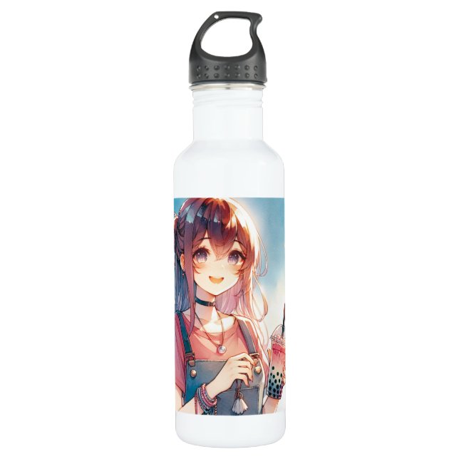 Cute Anime Girl Holding a Boba Tea Stainless Steel Water Bottle (Front)