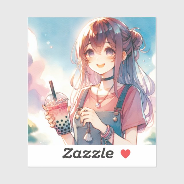 Cute Anime Girl Holding a Boba Tea Sticker (Sheet)