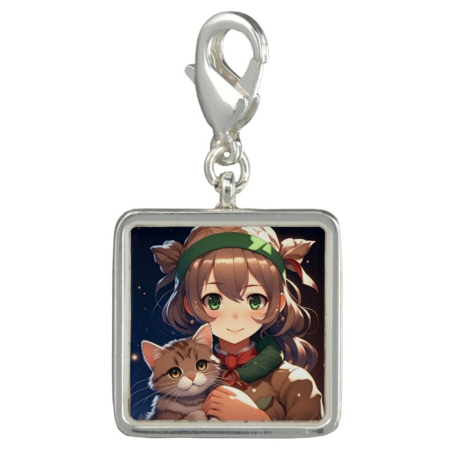 Cute Anime Girl Holding a Kitten  Charm (Front)