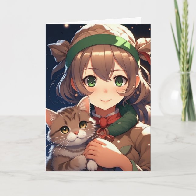 Cute Anime Girl Holding a Kitten Christmas Card (Front)