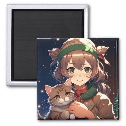 Cute Anime Girl Holding a Kitten Christmas Magnet