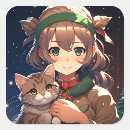 Cute Anime Girl Holding a Kitten Christmas Square Sticker