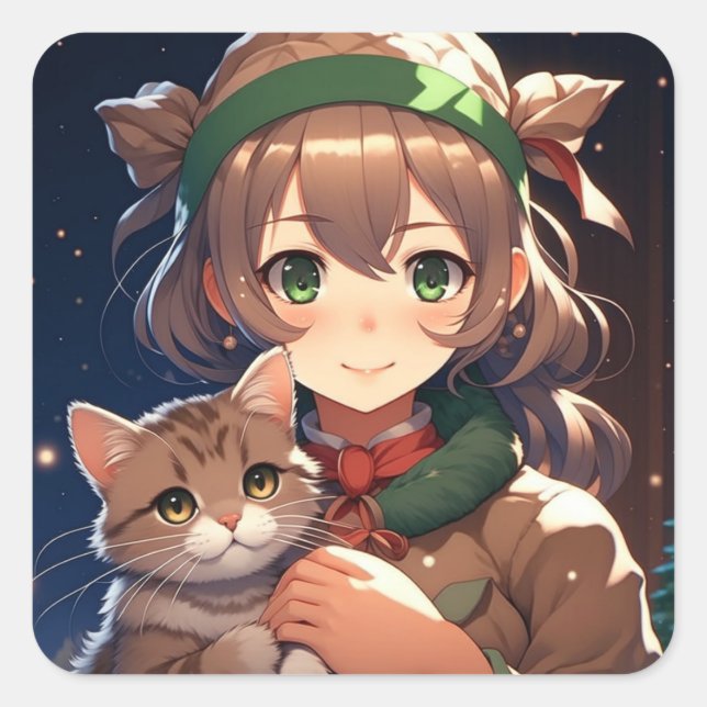 Cute Anime Girl Holding a Kitten Christmas Square Sticker (Front)