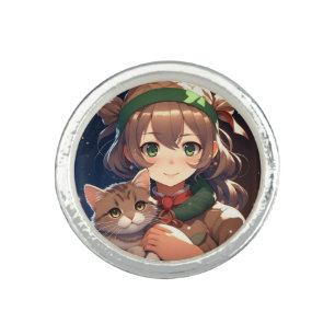 Cute Anime Girl Holding a Kitten  Ring