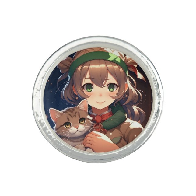 Cute Anime Girl Holding a Kitten  Ring (Front)