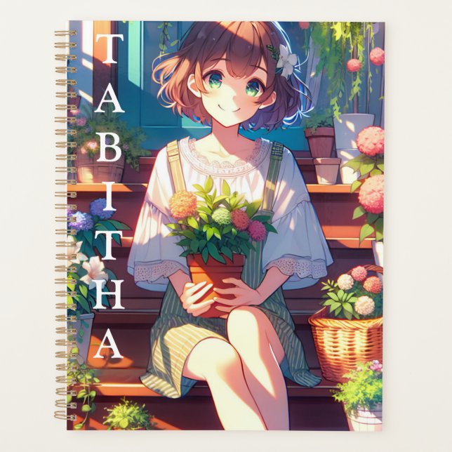 Cute Anime Girl holding a Plant Personalized Planner (Front)