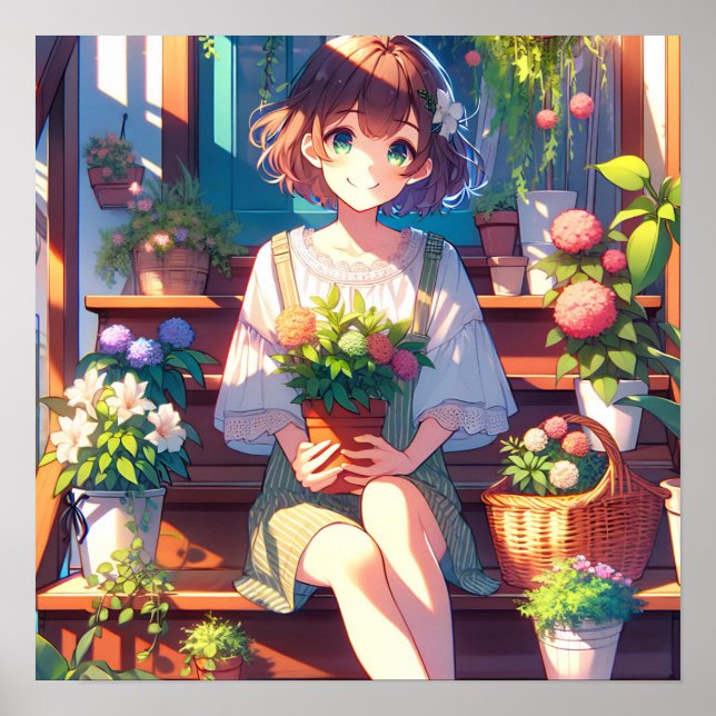 Cute Anime Girl holding a Plant  Poster (Front)