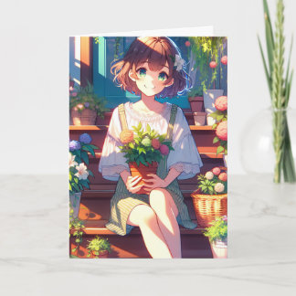 Cute Anime Girl holding a Plant Thinking About You Card