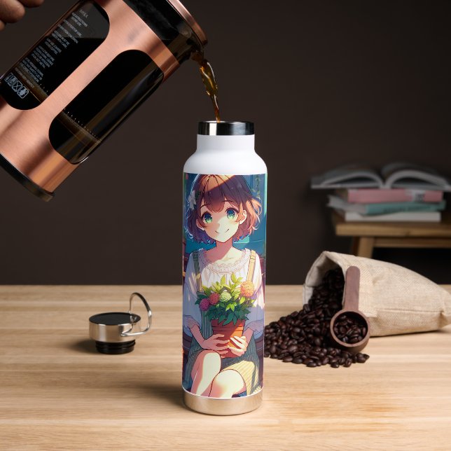 Cute Anime Girl holding a Plant Water Bottle (Coffee)