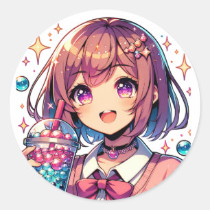 Cute Anime Girl Holding Bubble Tea Classic Round Sticker
