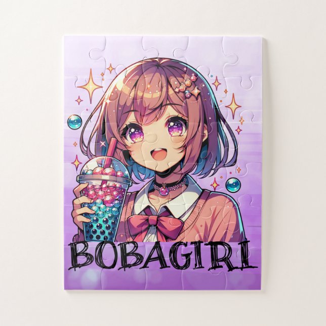 Cute Anime Girl Holding Bubble Tea Personalized Jigsaw Puzzle (Vertical)