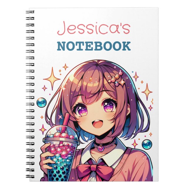 Cute Anime Girl Holding Bubble Tea Personalized Notebook (Front)