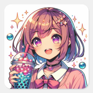 Cute Anime Girl Holding Bubble Tea Square Sticker