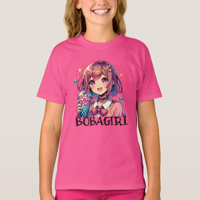 Cute Anime Girl Holding Bubble Tea T-Shirt (Front)