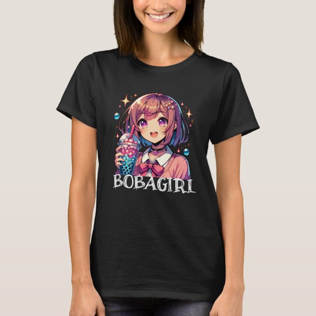 Cute Anime Girl Holding Bubble Tea T-Shirt (Front)
