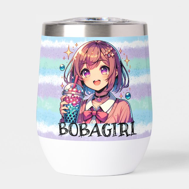Cute Anime Girl Holding Bubble Tea Thermal Wine Tumbler (Front)