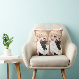 Cute Anime Girl Hugging Black Cat Wrapping Paper Throw Pillow