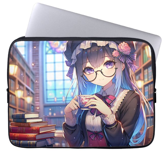 Cute Anime Girl in Glasses Reading Laptop Sleeve (Front)