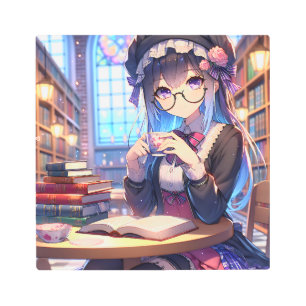 Cute Anime Girl in Glasses Reading Metal Print