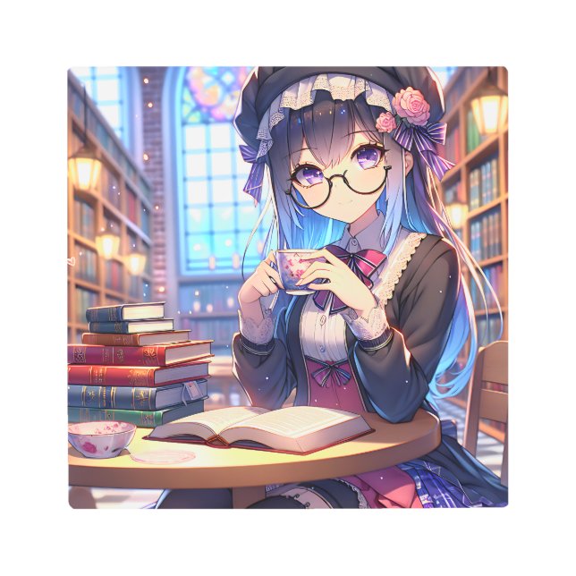 Cute Anime Girl in Glasses Reading Metal Print (Front)