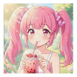 Cute Anime Girl in Pink Drinking Bubble Tea Acrylic Print