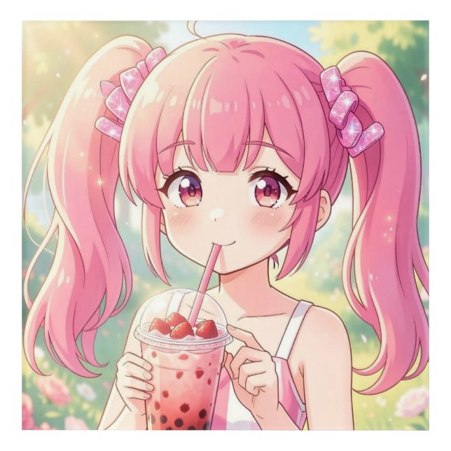 Cute Anime Girl in Pink Drinking Bubble Tea Acrylic Print (Front)