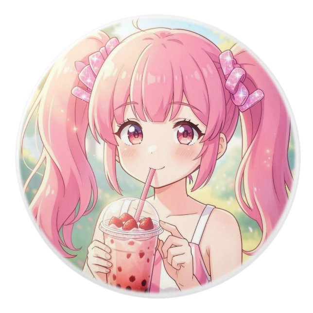 Cute Anime Girl in Pink Drinking Bubble Tea Ceramic Knob (Front)