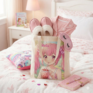 Cute Anime Girl in Pink Drinking Bubble Tea Grocery Bag