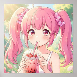 Cute Anime Girl in Pink Drinking Bubble Tea Poster
