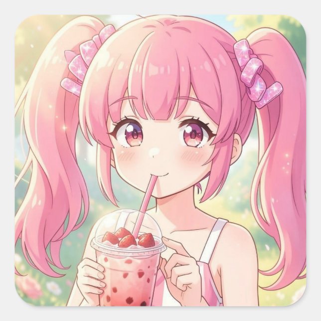Cute Anime Girl in Pink Drinking Bubble Tea Square Sticker (Front)