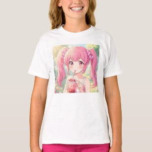 Cute Anime Girl in Pink Drinking Bubble Tea T-Shirt