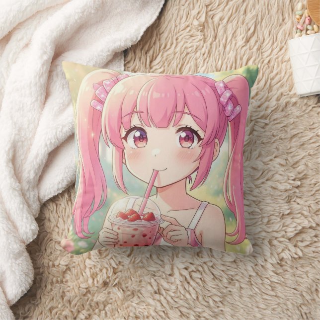 Cute Anime Girl in Pink Drinking Bubble Tea Throw Pillow (Blanket)