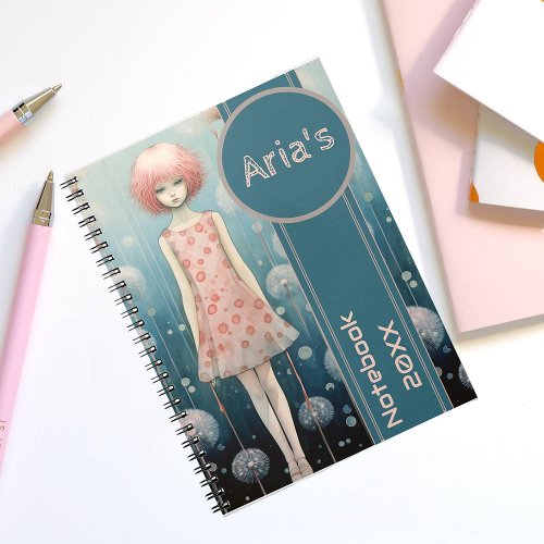Cute Anime Girl Pastel Pink an Blue Dandelions Notebook