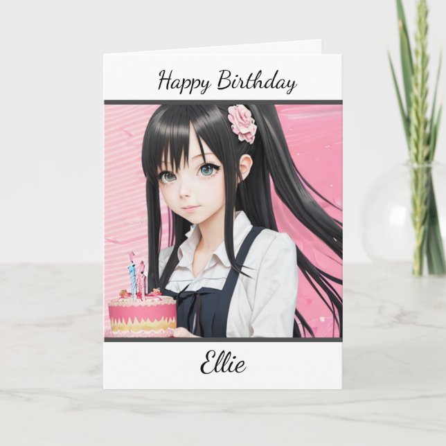 Cute Anime Girl Personalized Happy Birthday Card (Front)