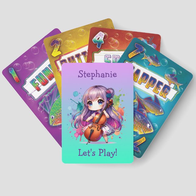 Cute Anime Girl Playing Cello Player Personalized Go Fish Cards (Back)
