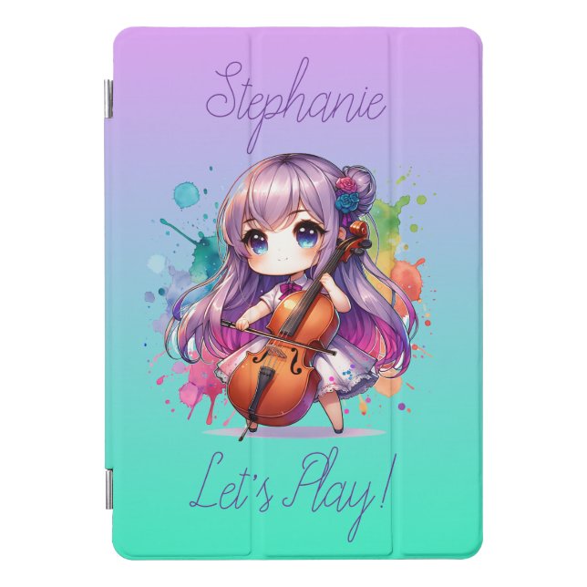 Cute Anime Girl Playing Cello Player Personalized iPad Pro Cover (Front)