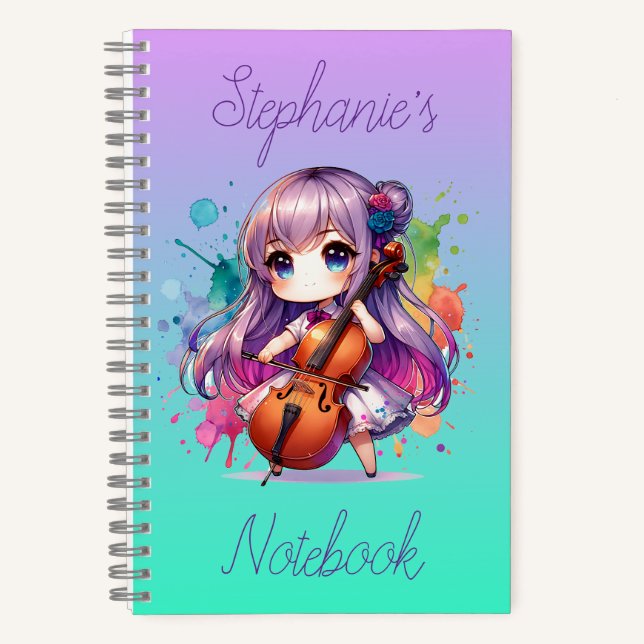 Cute Anime Girl Playing Cello Player Personalized Notebook (Front)
