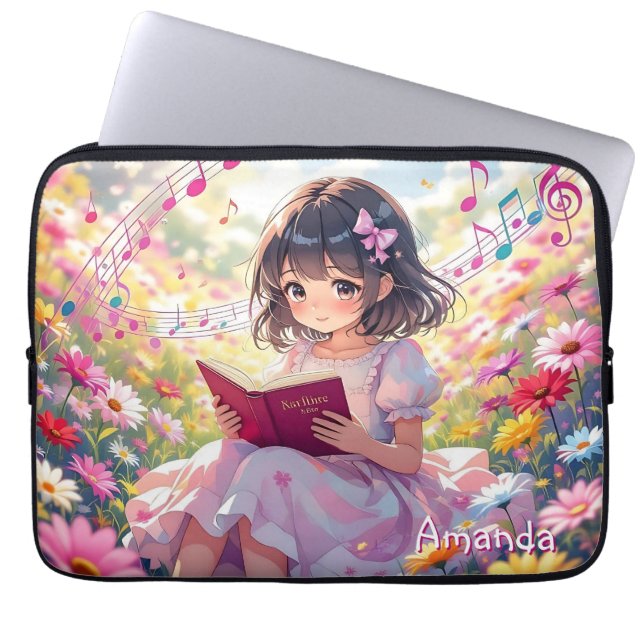 Cute Anime Girl Reading a Book Personalized Laptop Sleeve (Front)