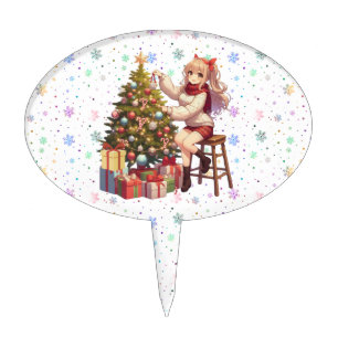 Cute Anime girl trimming the tree Cake Topper