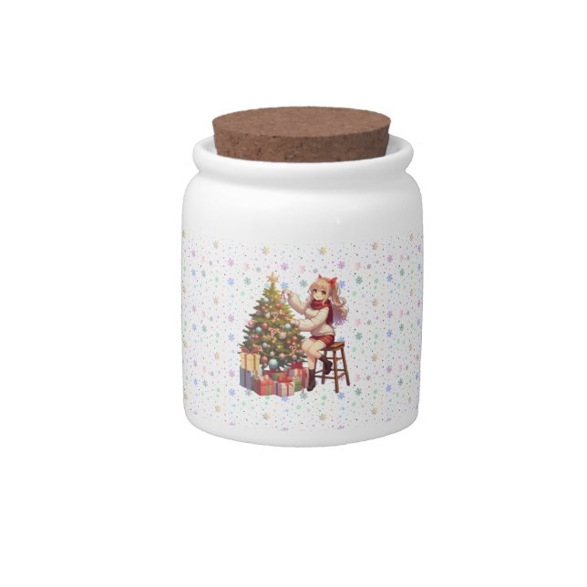 Cute Anime girl trimming the tree Candy Jar (Front)