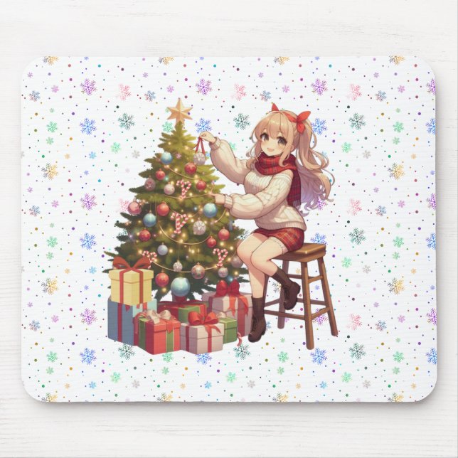 Cute Anime girl trimming the tree Mouse Pad (Front)