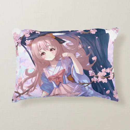 Cute Anime Girl Under A Cherry Blossom Tree Accent Pillow